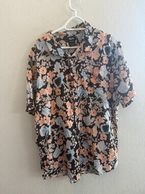 RVCA Men’s XXL Floral Short Sleeve Button Up Shirt Black Blue Peach